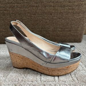 Prada Patent Leather Slingback Platform Wedge Sandal Womens 36.5 Silver Peeptoe